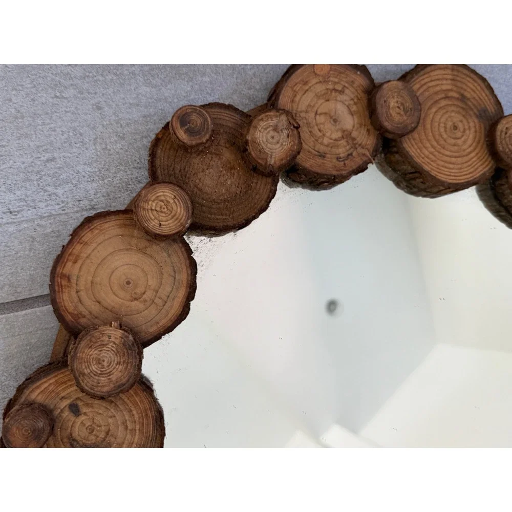 Vtg Rustic Round Wall Mirror Natural Wood Log Slice Frame Tree Ring Cabin Decor